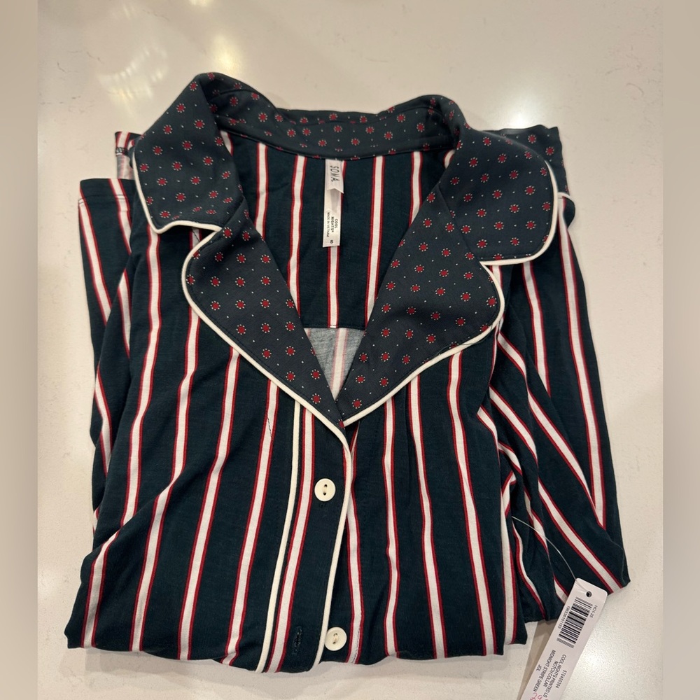 Soma Cool Nights Long Sleeve Notched Collar in Midnight Stripe Green